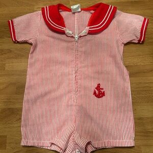 Vintage Bryan Red and White Nautical Bodysuit with Sailor Collar
